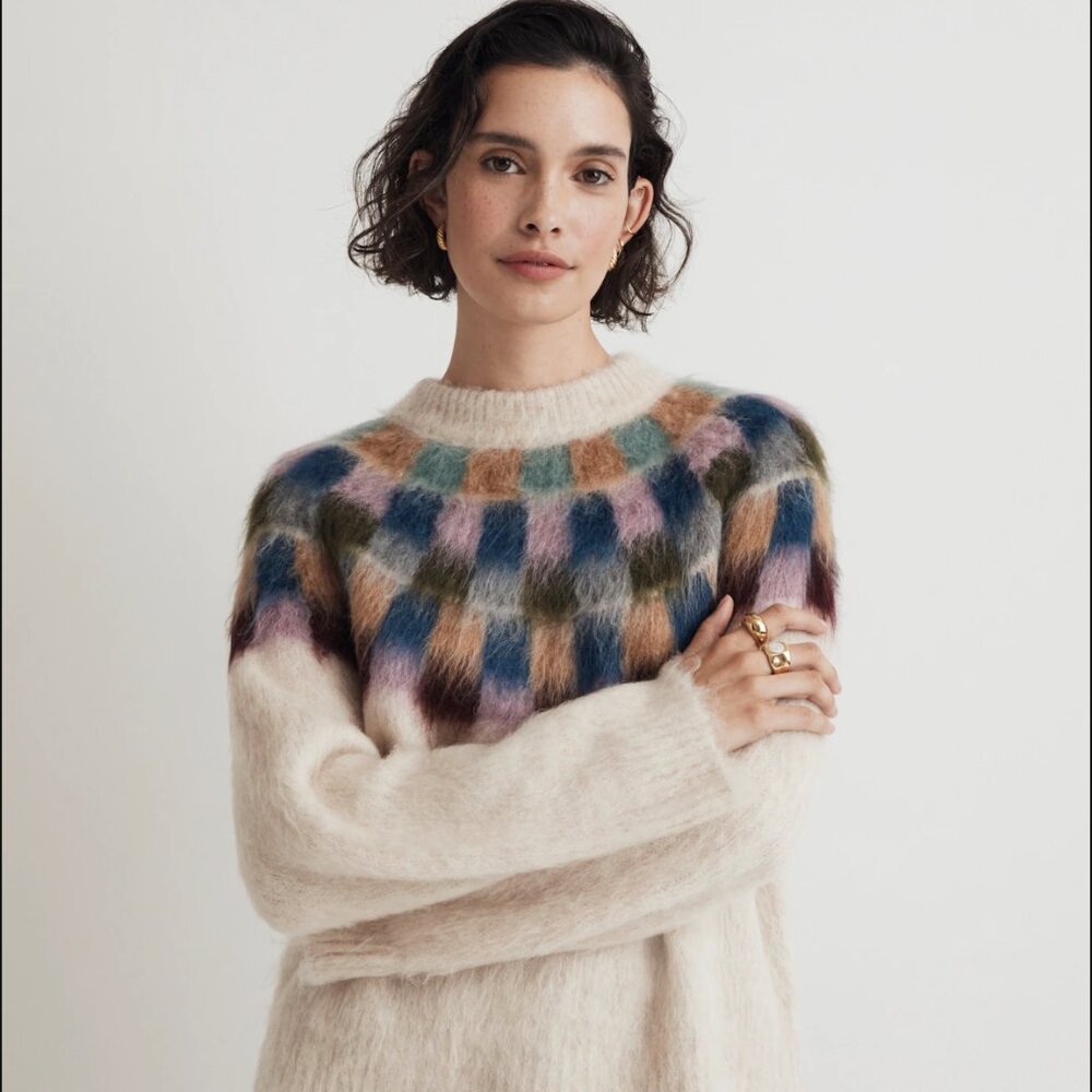 Madewell Brushed Checkerboard Fair Isle Oversized Sweater | size S